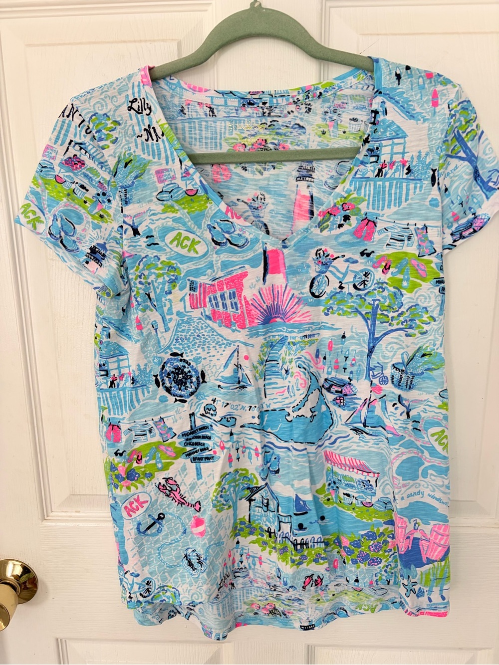 Lilly Pulitzer Light Blue V-Neck Tee with Pink & Green Accents